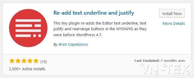 cai dat va kich hoat plugin re add text underline and justify - Bật lại nút Justify và Underline trong trình soạn thảo WordPress